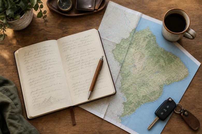 Mesa de trabalho com mapa e anotações